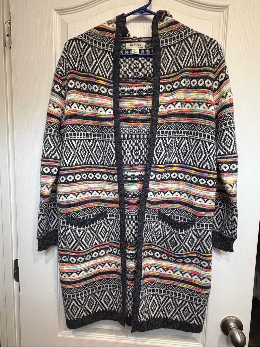 Monteau Black & White Hooded Cardigan with Multicolor Stripes